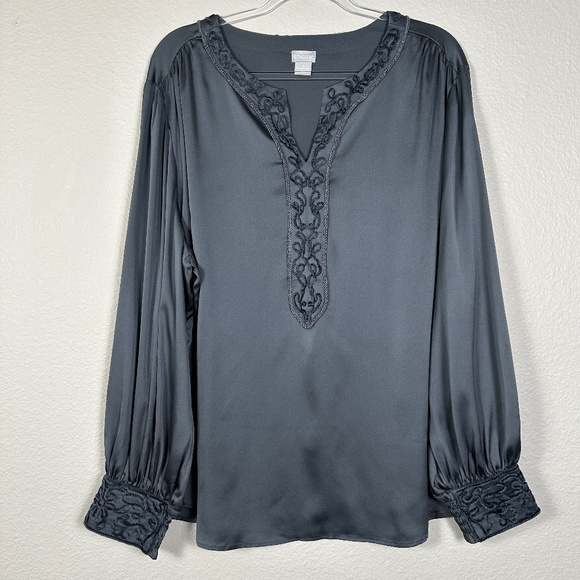 Chicos size 4 20/22 satin long sleeve blouse top burnout velvet trim gray - Picture 1 of 12